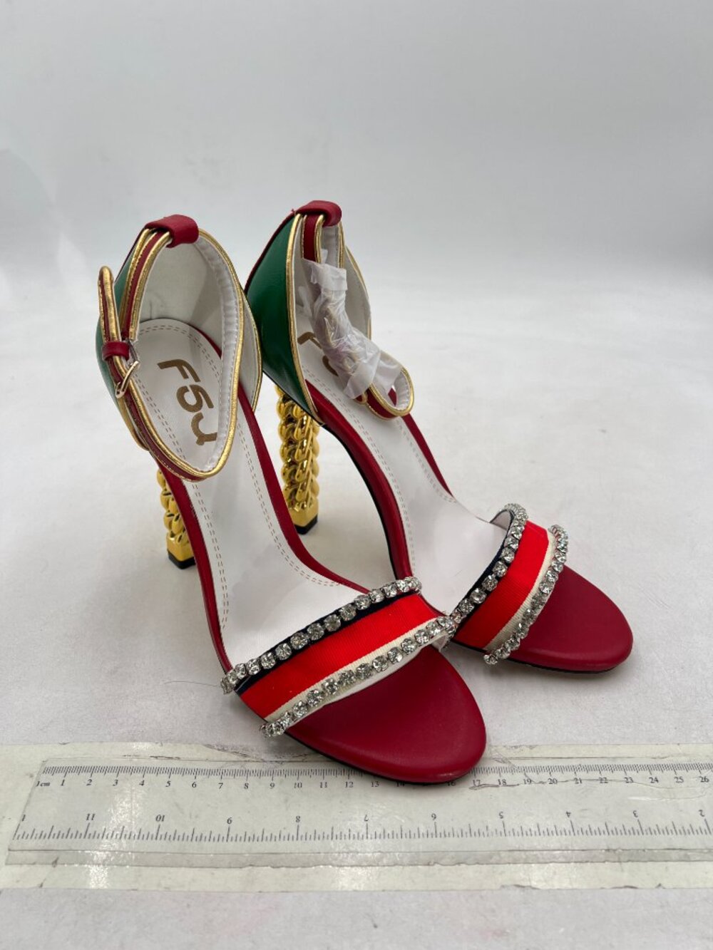 FSJ Red Green Gold Metal Chain Chunky High Heels Ankle Strap Open Toe Sandals - Picture 4 of 8